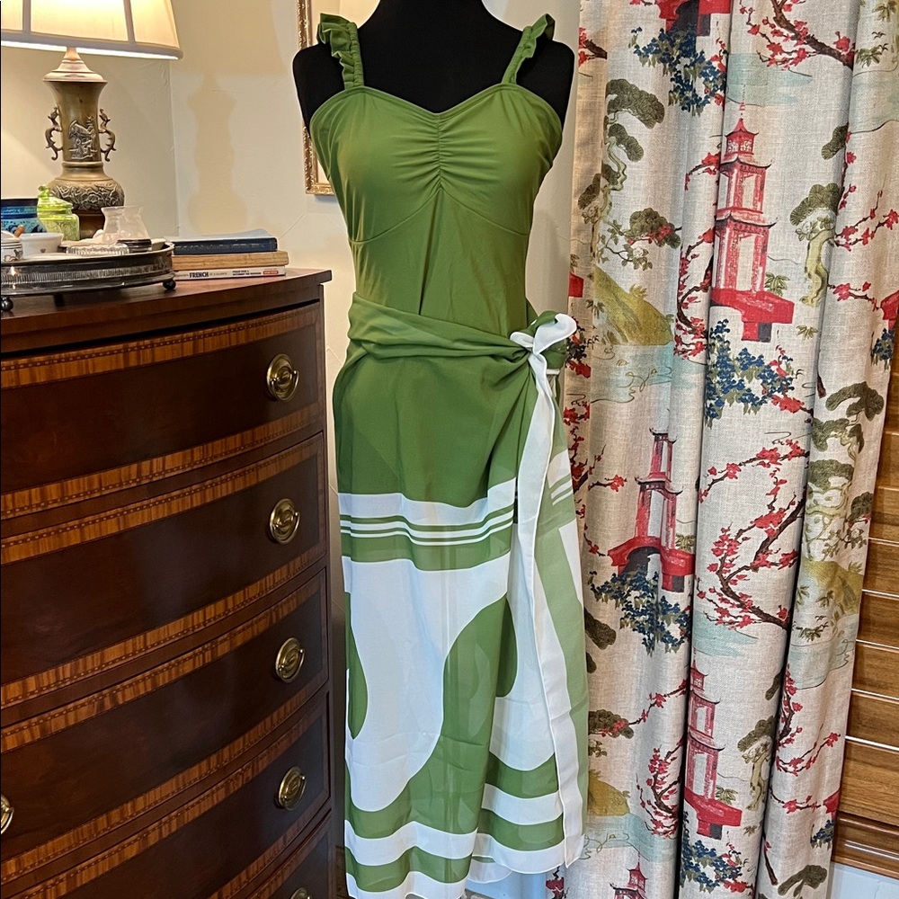 NWOT Bathing Suit Green with Ruffle Straps and Wrap Size L